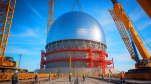 Illustration de l'installation d'un dôme colossal sur un réacteur nucléaire en Chine. Image réalisée par IA.