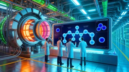 Illustration de la synthèse d’un atome d’hydrogène avec six neutrons grâce à l’accélérateur MAMI. Image réalisée par IA.