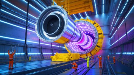 « Ce géant magnétique traverse l’Atlantique » : un aimant de 18 mètres crucial pour ITER arrive enfin en France Illustration de l'aimant supraconducteur monumental du projet ITER en France. Image réalisée par IA.