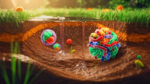 Illustration de microbes Sysuimicrobiota dans le sol, participants à la purification de l'eau. Image réalisée par IA.