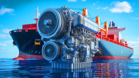 Illustration d'un moteur X-DF-M au méthanol, symbole de l'innovation dans le transport maritime. Image réalisée par IA.