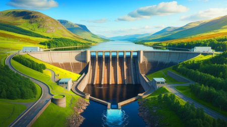 Illustration de la nouvelle centrale de stockage par pompage-turbinage dans les Highlands écossais. Image réalisée par IA.