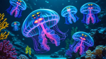 Illustration de méduses cyborgs explorant les profondeurs océaniques. Image réalisée par IA.