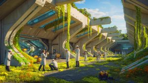 Illustration de béton vivant utilisant du lichen synthétique pour l'auto-réparation des fissures. Image réalisée par IA.