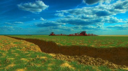Illustration de l'érosion des sols causée par l'agriculture moderne. Image réalisée par IA.