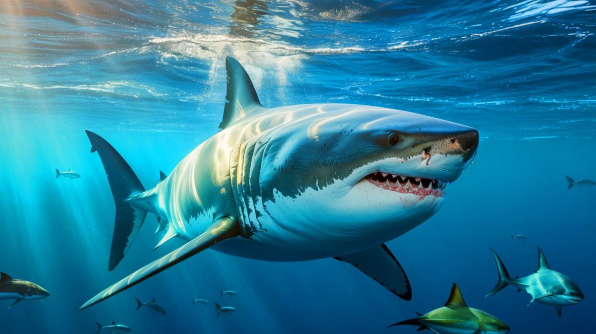 « Un géant des mers relâché » : ce grand requin blanc observé au large des États-Unis fascine les scientifiques par son comportement Illustration de la capture et du marquage d'un requin blanc record au large des côtes américaines. Image réalisée par IA.