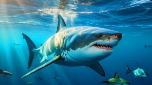 Illustration de la capture et du marquage d'un requin blanc record au large des côtes américaines. Image réalisée par IA.