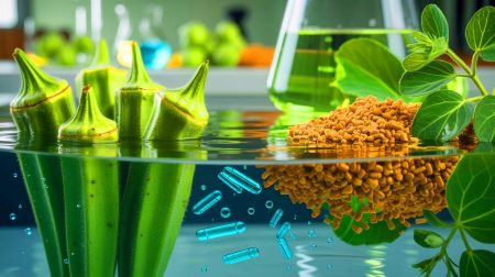 Illustration de l'élimination des microplastiques de l'eau par des extraits d'okra et de fenugrec. Image réalisée par IA.