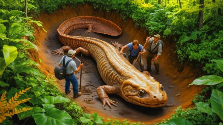 Illustration de la découverte d'une salamandre fossile géante dans le Tennessee. Image réalisée par IA.