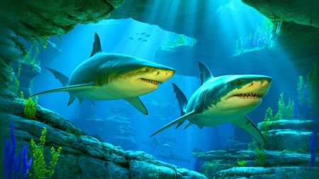 Illustration de deux requins préhistoriques découverts dans Mammoth Cave. Image réalisée par IA.