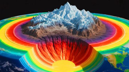 Illustration de montagnes souterraines colossales sous l'Afrique et l'océan Pacifique. Image réalisée par IA.