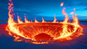 Illustration de la "Porte de l'Enfer" au Turkménistan, un cratère enflammé depuis plus de 50 ans. Image réalisée par IA.