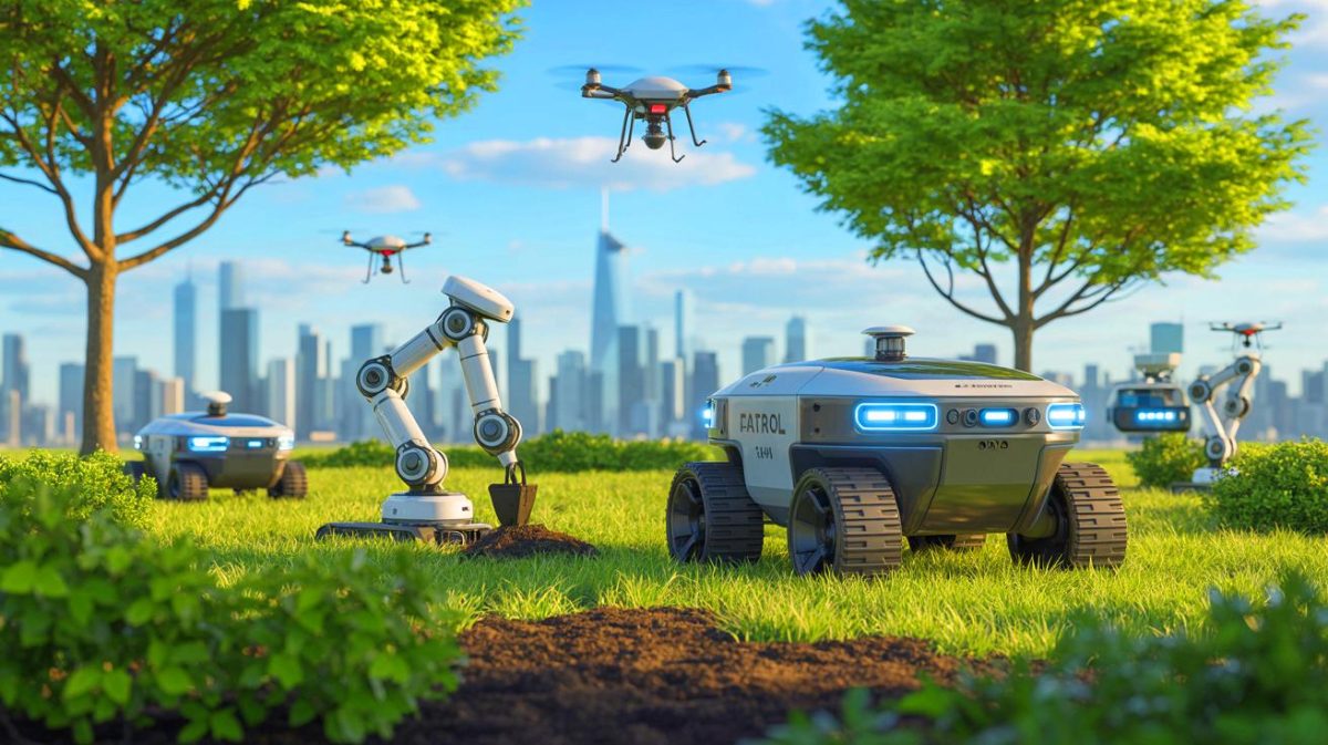 Une flotte de robots intelligents s’empare de la sécurité urbaine et de la reforestation : la fin des emplois traditionnels ? Illustration de robots autonomes de Micropolis en action pour la reforestation et la sécurité publique. Image réalisée par IA.