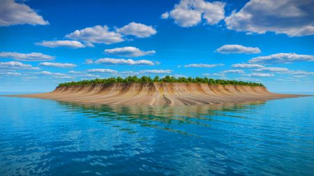 Illustration de l'apparition d'une nouvelle île dans la mer Caspienne en raison des changements environnementaux. Image réalisée par IA.