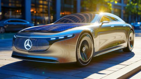 « Votre voiture se recharge juste en étant au soleil » : Mercedes dévoile une peinture solaire qui change tout Illustration de la peinture solaire développée par Mercedes-Benz pour recharger les voitures électriques. Image réalisée par IA.
