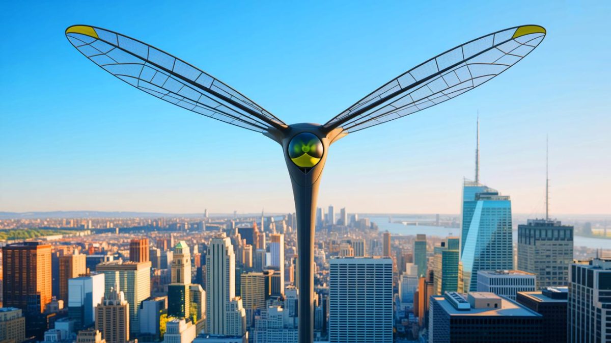 Une libellule géante défiant la physique : cette invention promet 20 ans d’énergie gratuite et relègue les éoliennes aux oubliettes du progrès énergétique Illustration de la Turbine Dragonfly inspirée des libellules intégrée dans un paysage urbain. Image réalisée par IA.