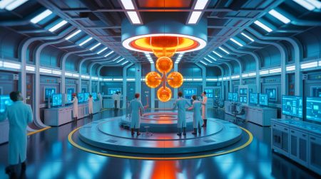 Illustration de l'installation et du bâtiment de la boucle de tritium H3AT. Image réalisée par IA.