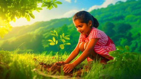 Illustration de Prasiddhi Singh, jeune écologiste indienne, s'engageant à planter 10 millions d'arbres. Image réalisée par IA.