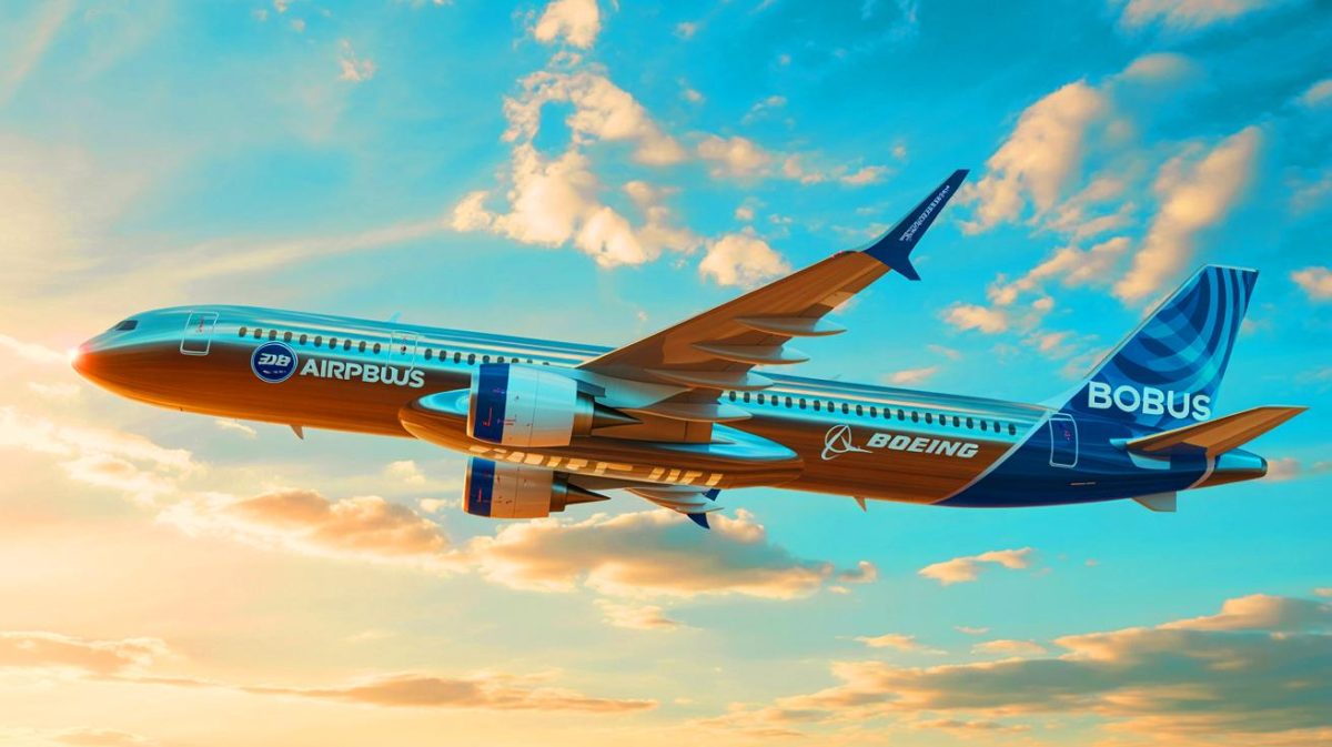 Illustration de l'adoption de thermoplastiques par Airbus et Boeing pour construire des avions plus légers et écologiques. Image réalisée par IA.