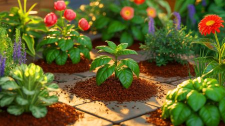 Illustration de l'utilisation du marc de café comme fertilisant naturel dans un jardin. Image réalisée par IA.