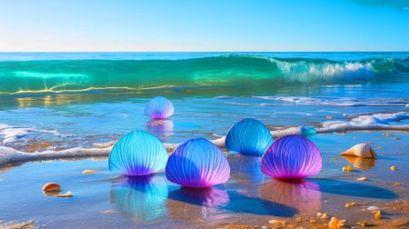 Illustration de physalies dérivant sur les plages basques, générée par intelligence artificielle.