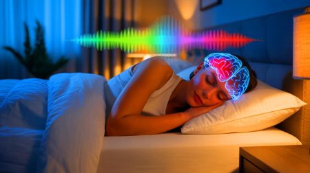 Illustration de l'influence des sons rugueux sur le cerveau pendant le sommeil, générée par intelligence artificielle.