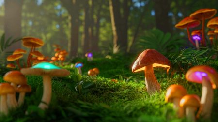 Illustration de l'impact potentiel des champignons magiques sur le ralentissement du vieillissement cellulaire, générée par intelligence artificielle.
