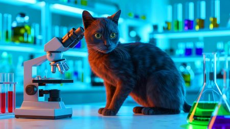Illustration d'un chat noir jouant un rôle crucial dans la découverte d'un nouveau virus humain, générée par intelligence artificielle.