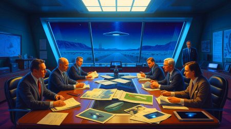 Illustration de la propagation des mythes d'OVNI par le gouvernement américain, générée par intelligence artificielle.