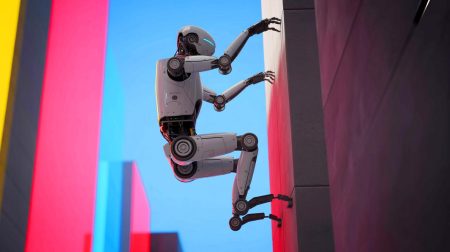 Illustration de KLEIYN, le robot quadrupède révolutionnaire, grimpant une paroi verticale, image générée par intelligence artificielle.