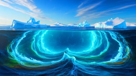 Illustration de la circulation méridienne de retournement de l'Atlantique affectée par le réchauffement climatique, générée par intelligence artificielle.