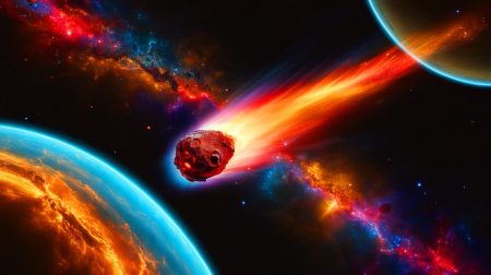« Ce visiteur de l’espace bouleverse la science » : l’incroyable arrivée imminente d’un corps céleste interstellaire visible à l’œil nu dans notre ciel Illustration de la comète interstellaire 3I/ATLAS traversant notre Système solaire, générée par intelligence artificielle.