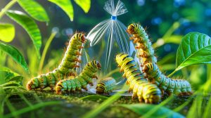 Illustration de chenilles plastivores décomposant un sac plastique, générée par intelligence artificielle.
