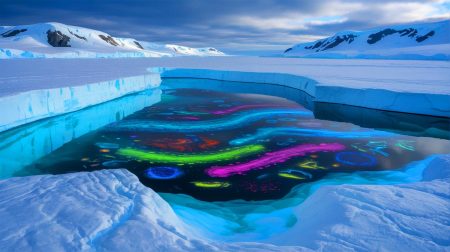 Illustration de formes de vie mystérieuses sous la glace de l'Antarctique, générée par intelligence artificielle.