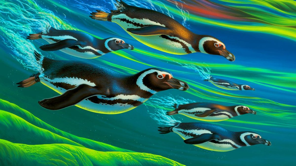 « Ces manchots défient la nature » : comment les courants marins deviennent leur GPS secret pour traverser des distances océaniques sans effort incroyable Illustration de manchots de Magellan naviguant à travers les courants marins, générée par intelligence artificielle.