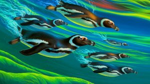 Illustration de manchots de Magellan naviguant à travers les courants marins, générée par intelligence artificielle.