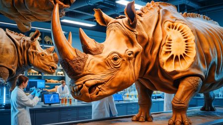 Illustration de la découverte de protéines intactes dans des fossiles de rhinocéros du Miocène, créée par intelligence artificielle.