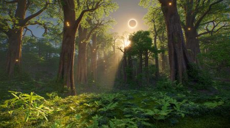 Ces vieux géants silencieux : comment les arbres centenaires alertent les jeunes pousses des forêts des dangers cachés d’un monde en péril Illustration de la communication bioélectrique entre arbres lors d'une éclipse solaire. Image réalisée par IA.