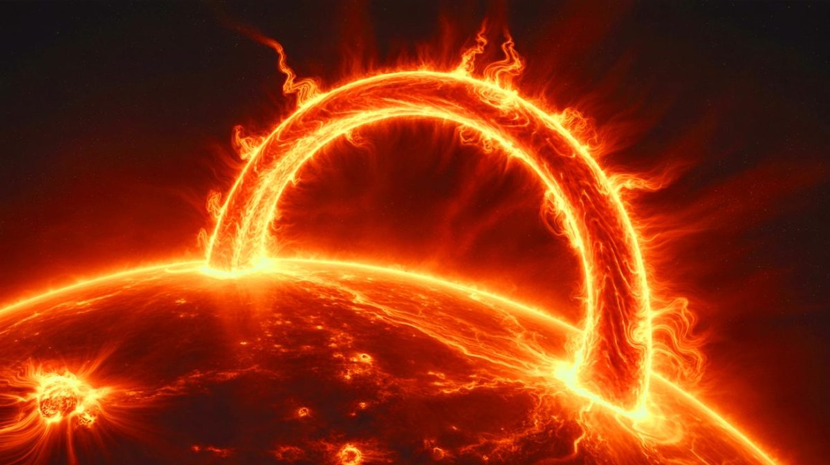 Illustration de "La Bête", une immense colonne de plasma observée au-dessus du Soleil, générée par intelligence artificielle.