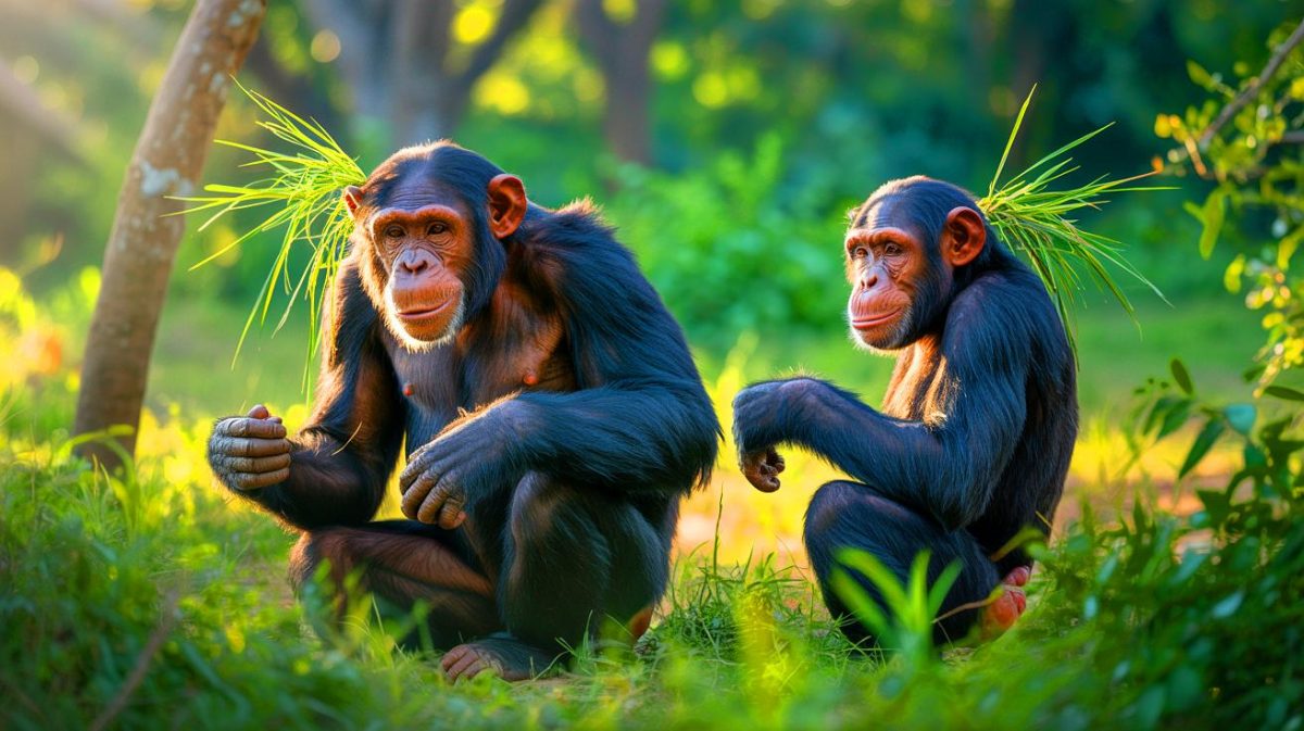 « C’est leur nouvelle obsession » : le comportement étrange de ces chimpanzés qui se mettent de l’herbe dans les fesses sidère les primatologues du monde entier Illustration de chimpanzés arborant des brins d'herbe dans les oreilles et les fesses, générée par intelligence artificielle.