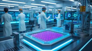 Illustration de l'évolution accélérée des molécules grâce à l'intelligence artificielle biologique, générée par intelligence artificielle.