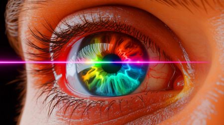 Illustration de la découverte de la couleur inédite « olo » par des chercheurs californiens, générée par intelligence artificielle.