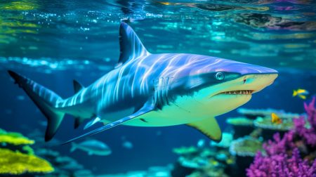 Illustration de la capacité du requin bleu à changer de couleur, générée par intelligence artificielle.