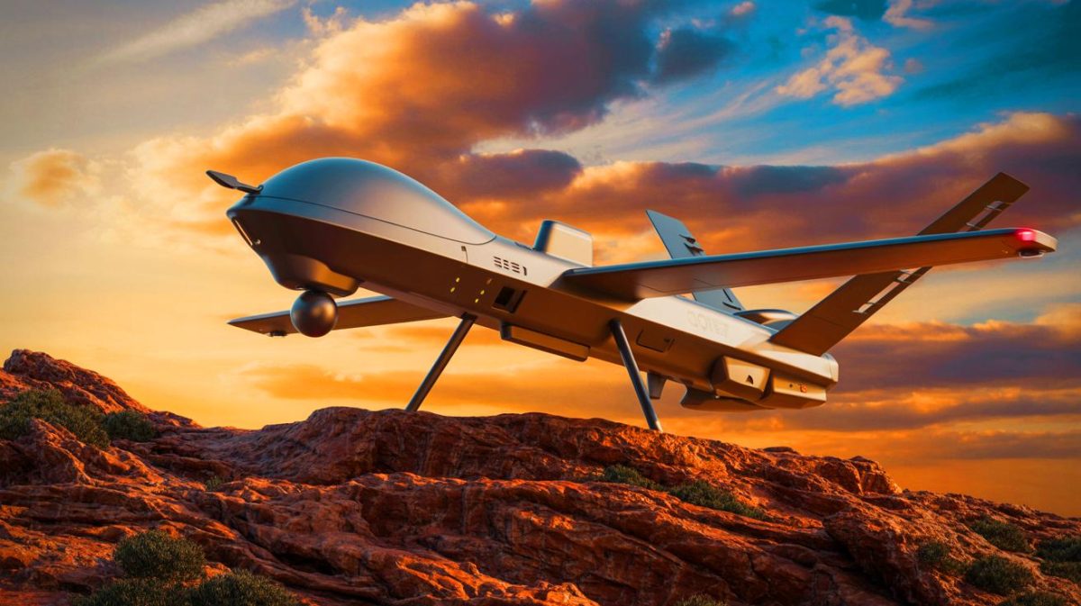 Illustration de la Chine dévoilant un drone inspiré des États-Unis, capable de décoller verticalement, créée par intelligence artificielle.