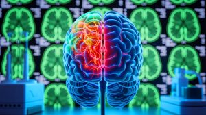 Illustration de l'analyse cérébrale par intelligence artificielle pour le diagnostic de la schizophrénie.