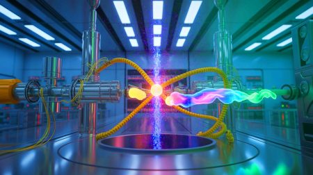 Illustration de collisions d’ions oxygène au Grand collisionneur de hadrons, créée par intelligence artificielle.