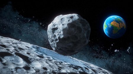 Illustration de l'astéroïde 2024 YR4 en approche de la Lune, générée par intelligence artificielle.