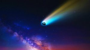 Illustration de la comète interstellaire 3I/ATLAS traversant le ciel, générée par intelligence artificielle.