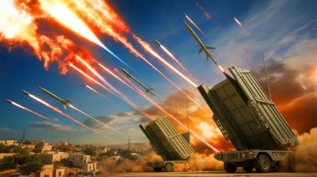 Illustration de l'attaque israélienne sur l'Iran et la défense par le Dôme de Fer, générée par intelligence artificielle.