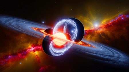 Cette collision de trous noirs défie nos lois avec une masse si énorme qu’elle fait dire aux experts : « C’est un cauchemar astrophysique » Illustration de la fusion massive de deux trous noirs révélée par les ondes gravitationnelles.